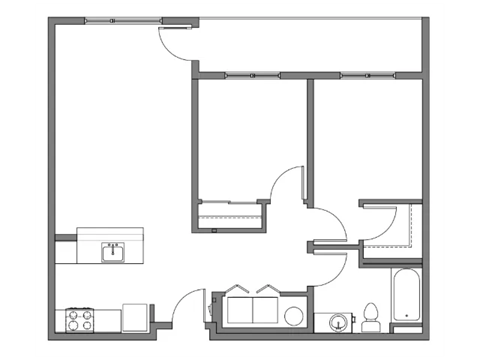 Floor plan for 2 beds, 1 bath, 970 sqft